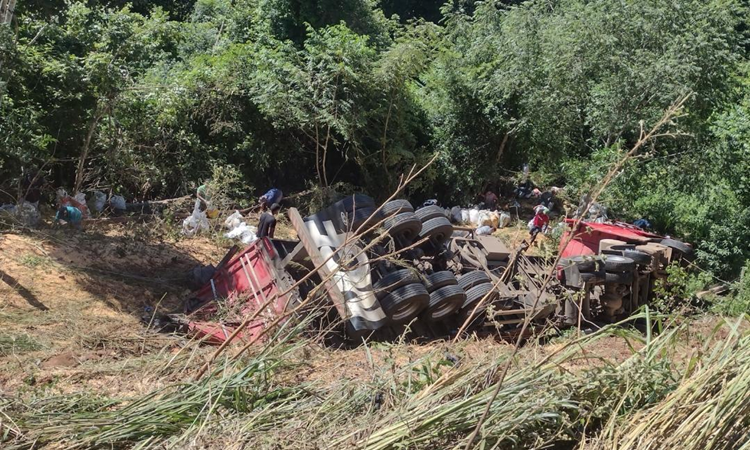 Caminhão carregado com milho cai em ribanceira da GO-164 e motorista morre