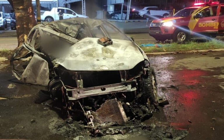 Três pessoas morrem após carro bater contra árvore e pegar fogo em Goiânia