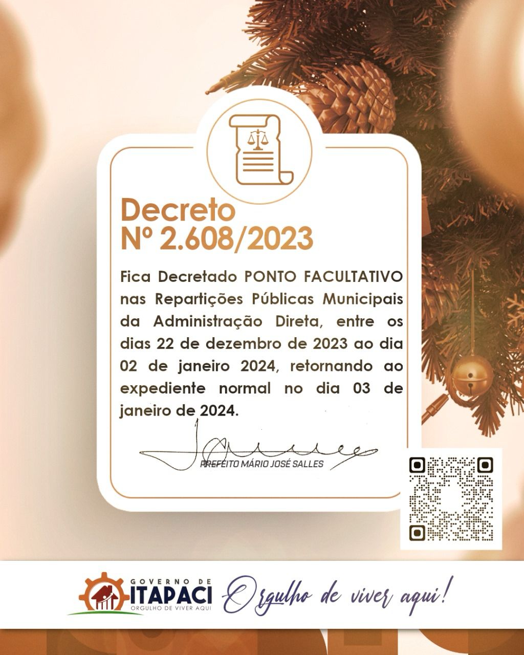 GOVERNO DE ITAPACI DECRETA PONTO FACULTATIVO DE FINAL DO ANO