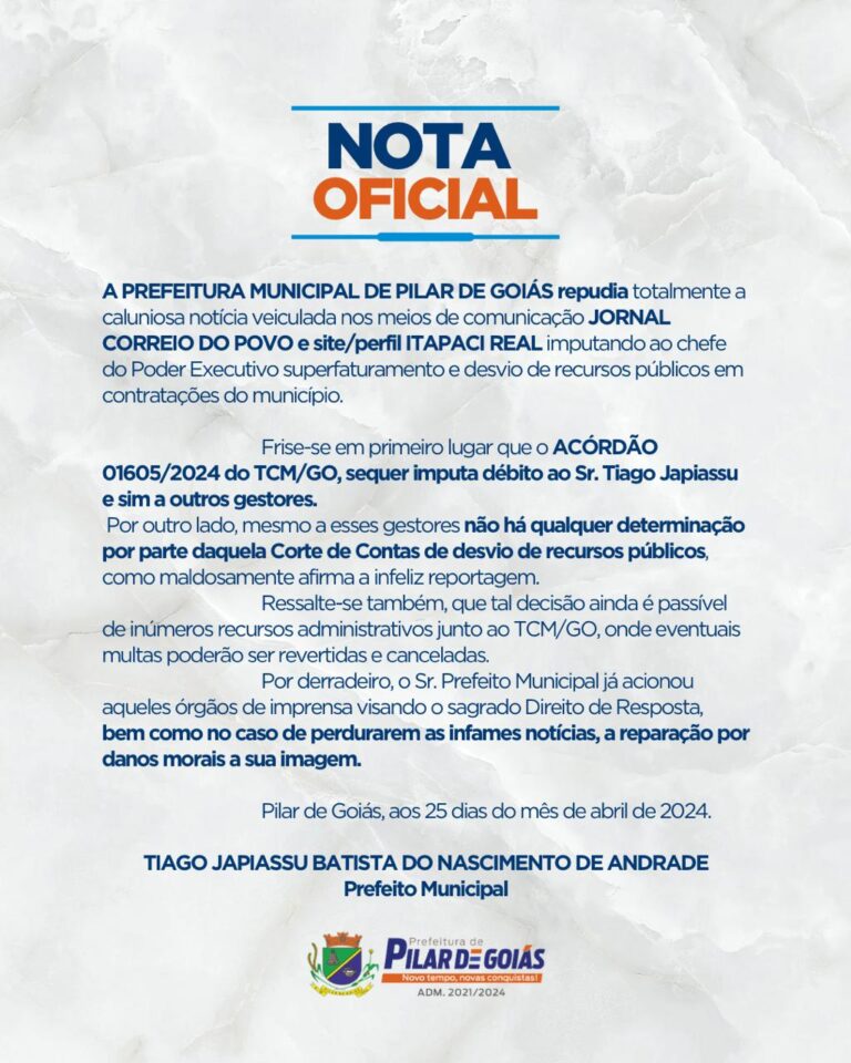 NOTA OFICIAL – PREFEITURA MUNICIPAL DE PILAR DE GOIÁS