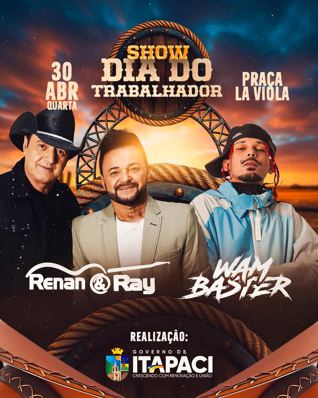 Shows com Renan & Ray e Dj Wam Baster prometem agitar a festa do trabalhador em Itapaci