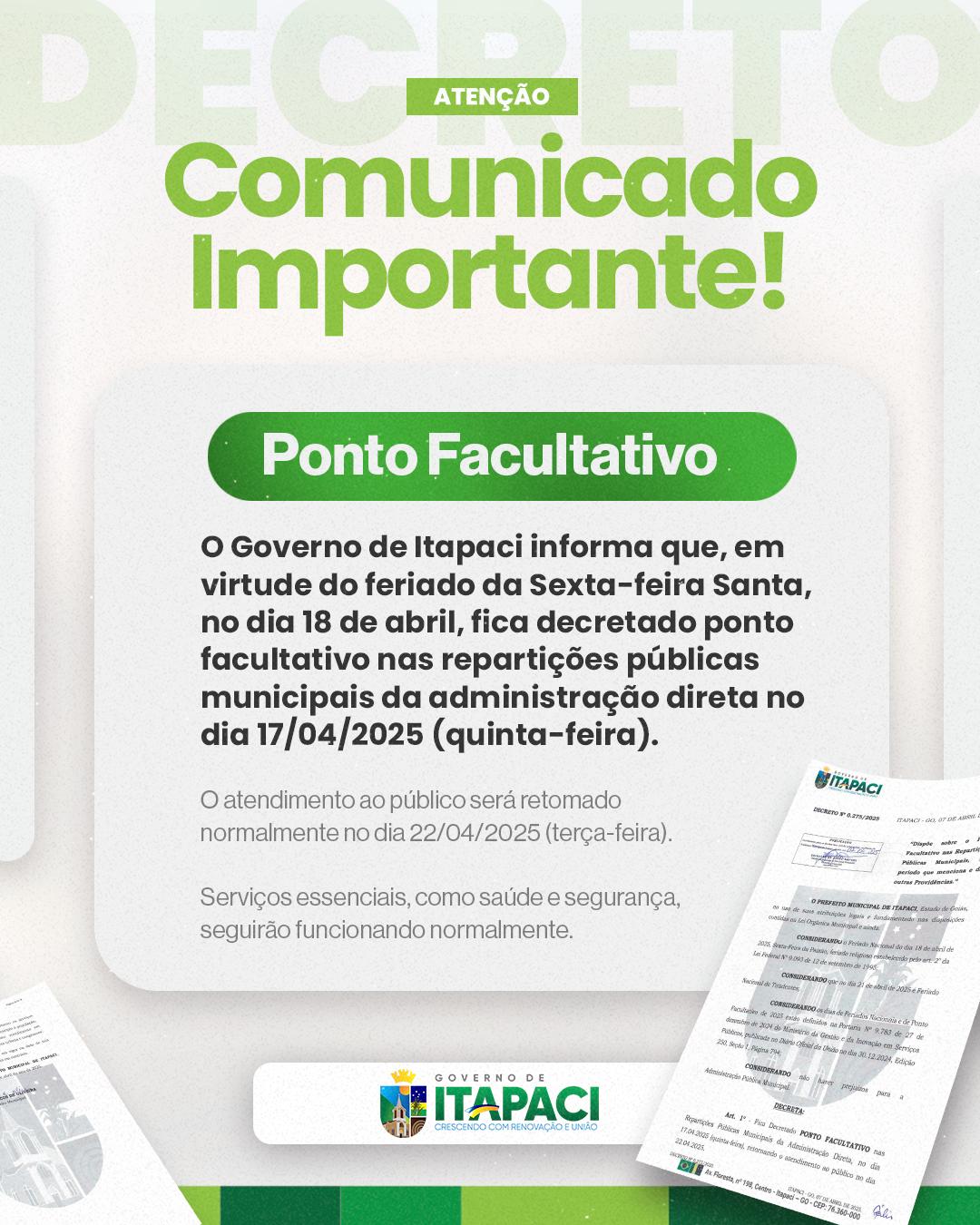 Governo de Itapaci decreta ponto facultativo devido o feriado da sexta-feira santa