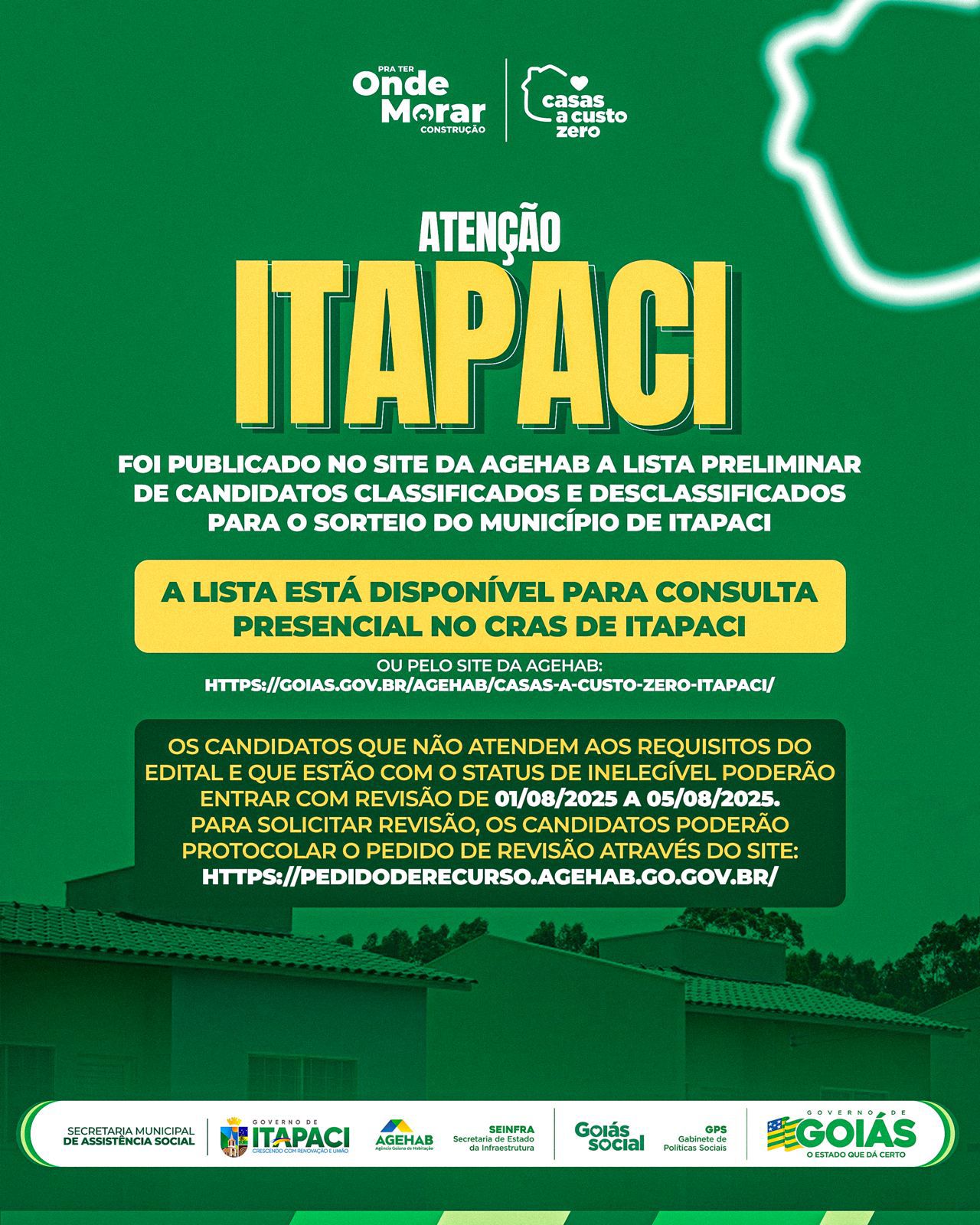 Agehab divulga lista preliminar de classificados para casas populares em Itapaci