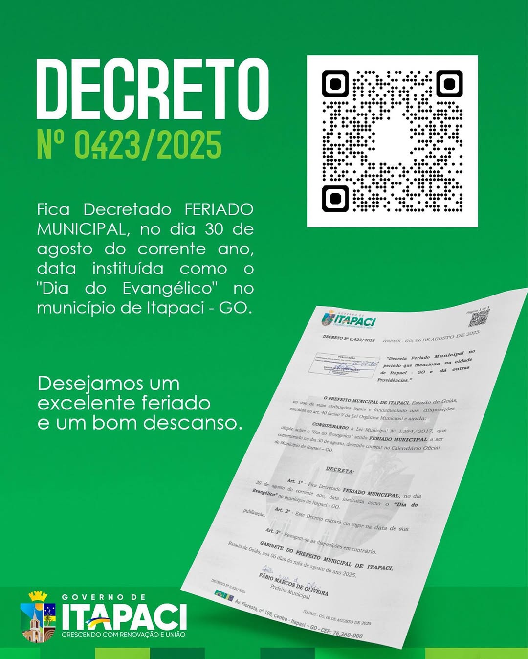 Decreto Municipal – Dia do Evangélico em Itapaci