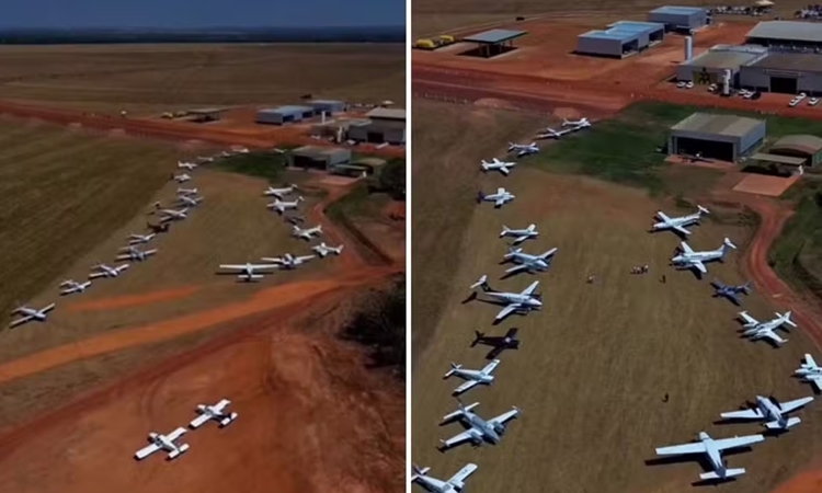 Imagem com vários aviões em fazenda na abertura do plantio de soja impressiona em Goiás