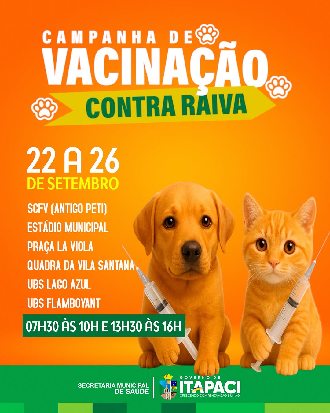 Campanha de vacinação contra a raiva de cães e gatos em Itapaci