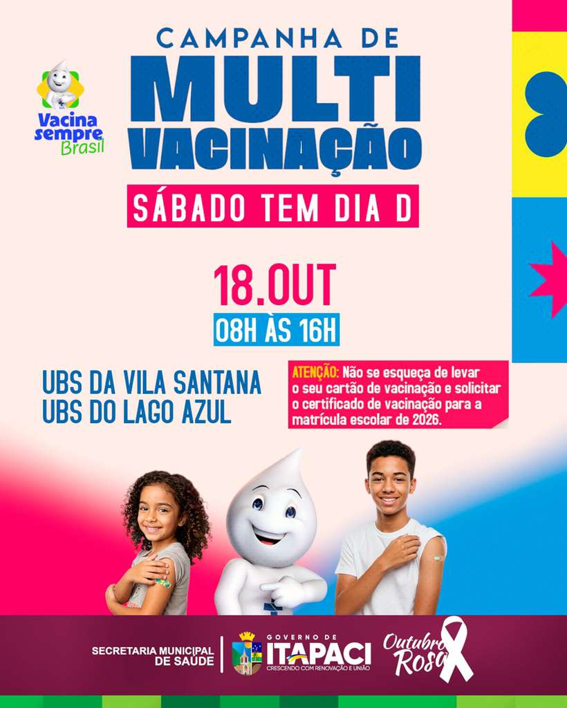 Sábado tem dia D da campanha de multi vacinação em Itapaci