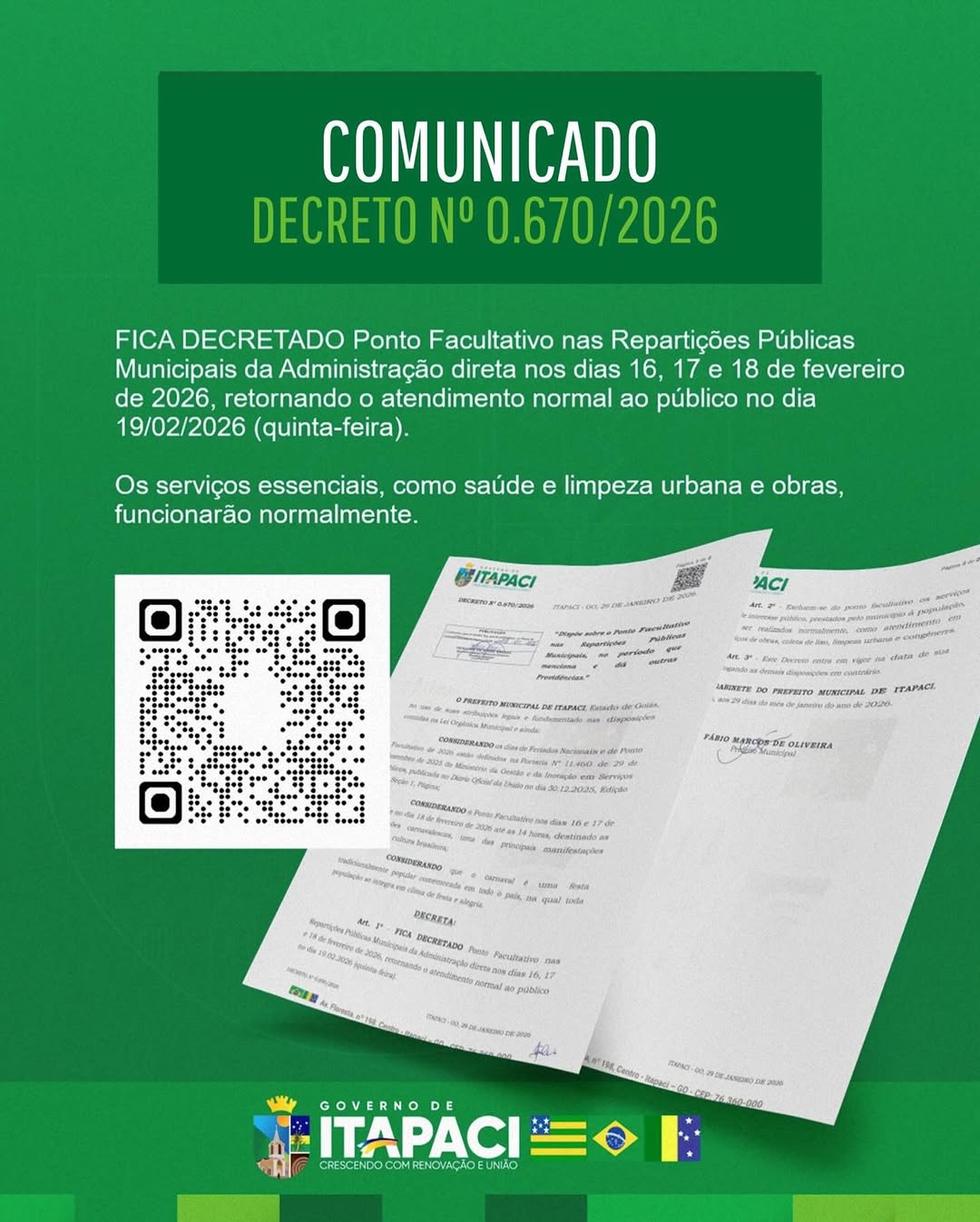DECRETO N° 0.670/2026 – MUNICÍPIO DE ITAPACI – GOIÁS