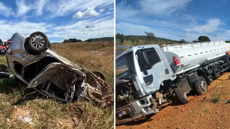 Homem morre e mulher fica ferida após colisão entre carro e caminhão na GO-139